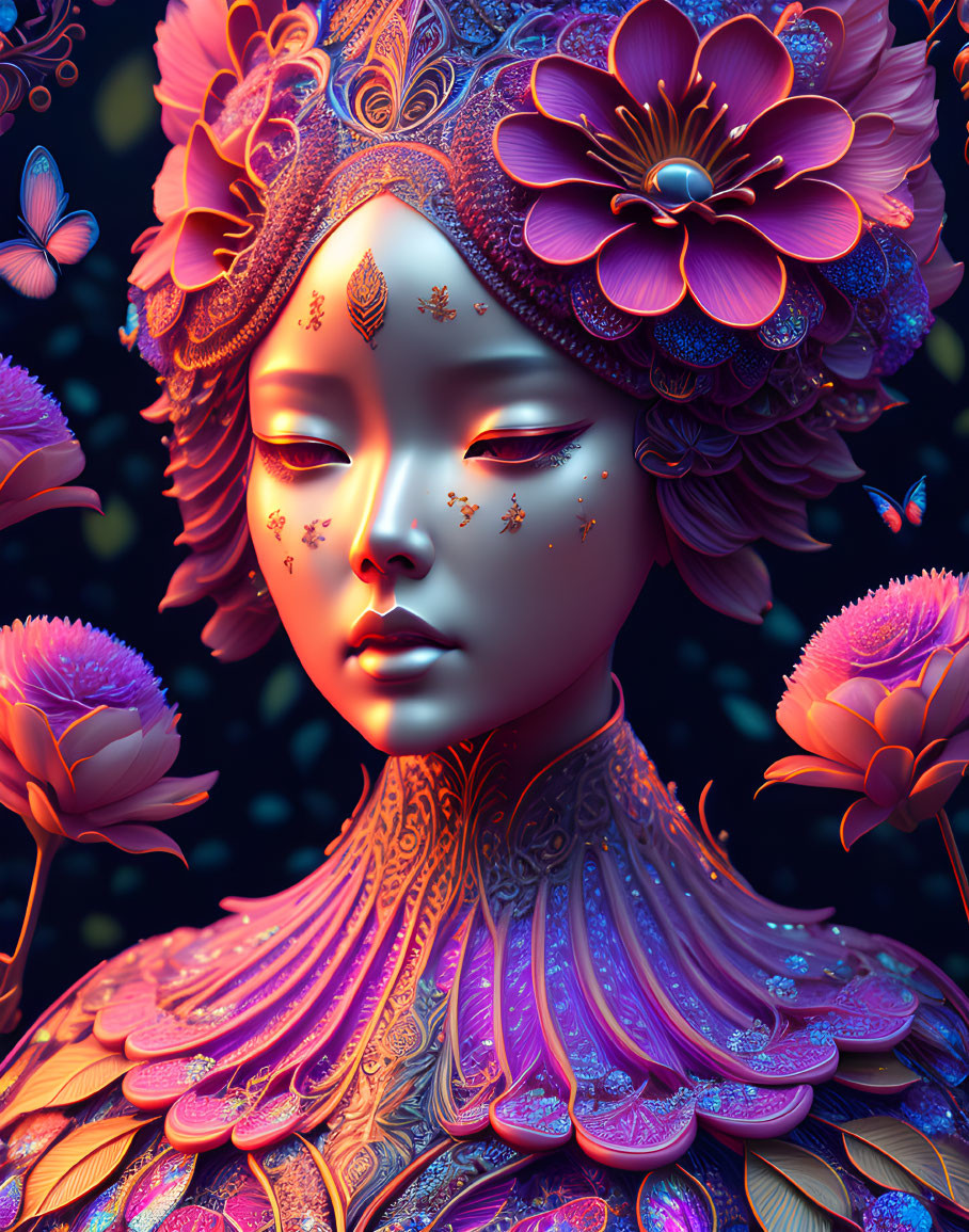 Detailed digital art portrait: Woman with floral elements and vibrant colors