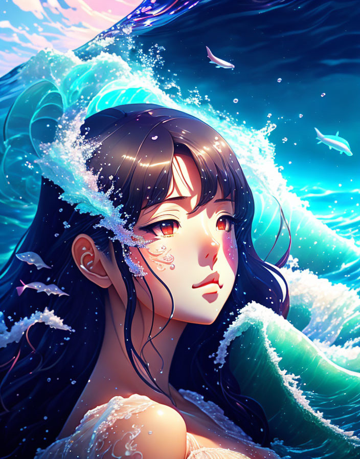 Stylized illustration of woman with black hair and aquatic elements