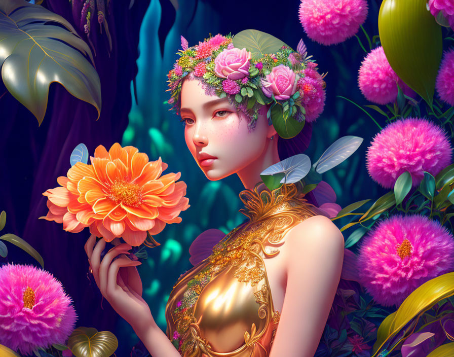 Ethereal female figure with wings and floral crown holding orange flower among vibrant blooms