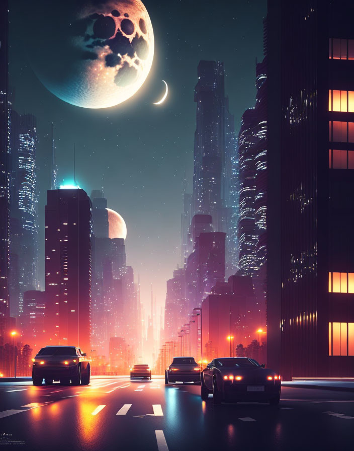 Futuristic cityscape at night with large moon, high-rise buildings, and cars on street