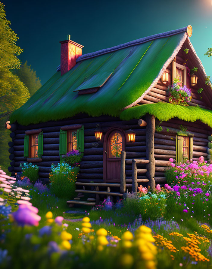 Whimsical log cabin with green roof in vibrant flower garden at twilight