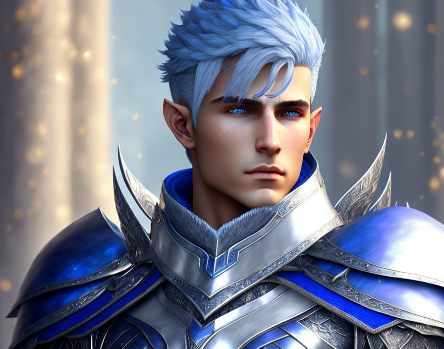 Male figure in blue hair and armor against light bokeh backdrop