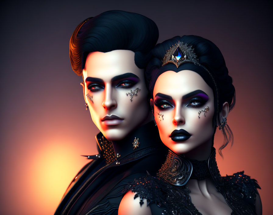 Stylized characters in dark ornate attire with striking makeup on warm gradient backdrop