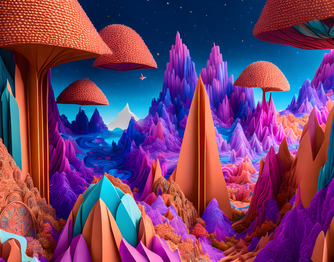 Colorful surreal landscape with towering mushroom-like structures