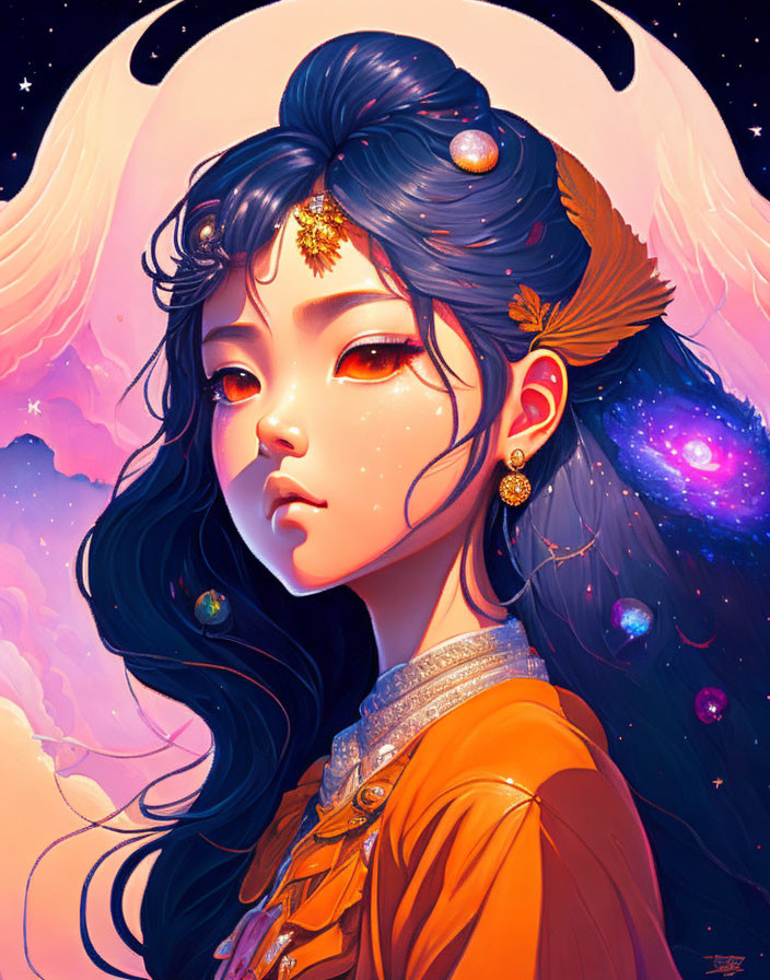 Illustrated portrait of girl with dark hair surrounded by celestial elements and crescent moon.