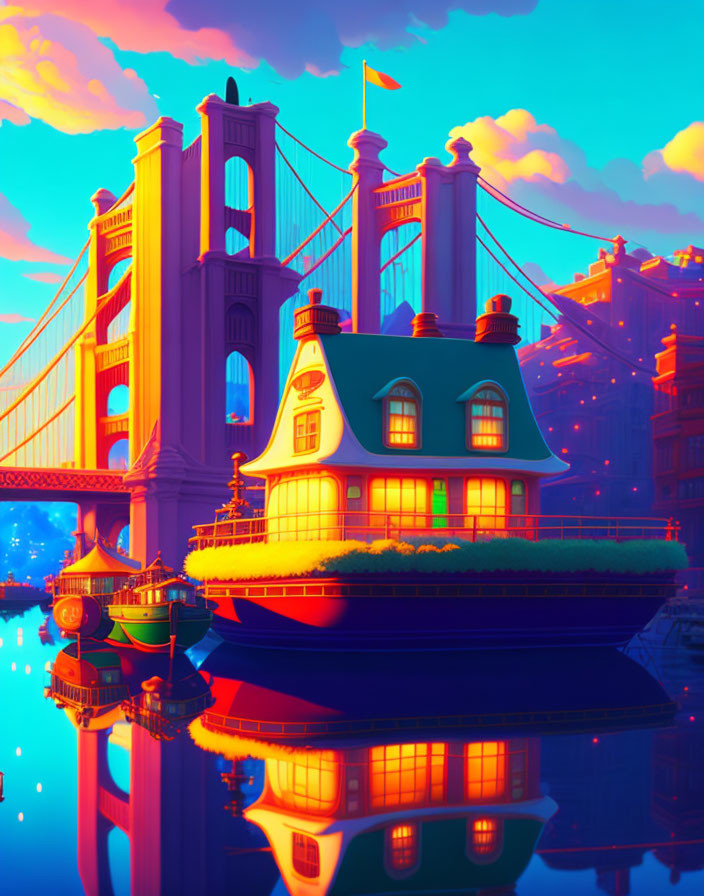 Illustration of quaint house on boat under suspension bridge at vibrant sunset