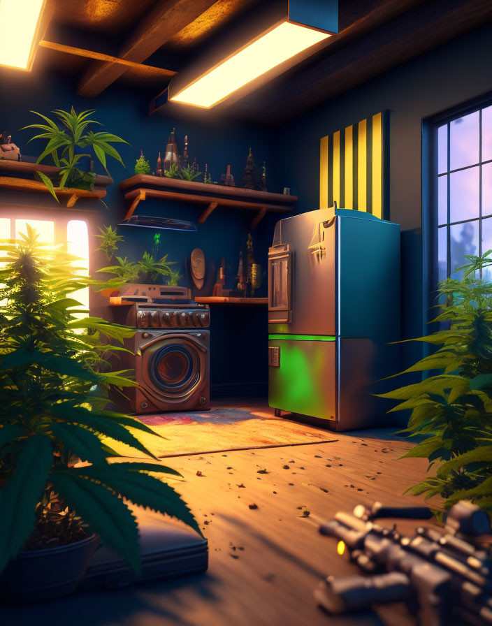 Indoor dusk scene with green plants, retro fridge, washing machine, bottles shelf, warm lighting,