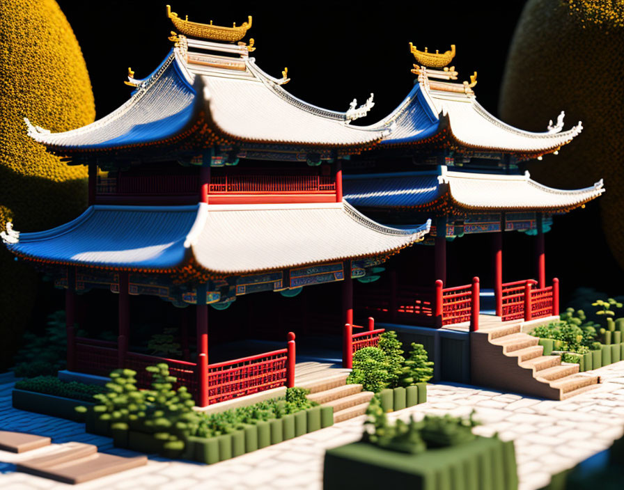 Traditional Asian Temple Model with Red and Blue Roofs under Starry Sky