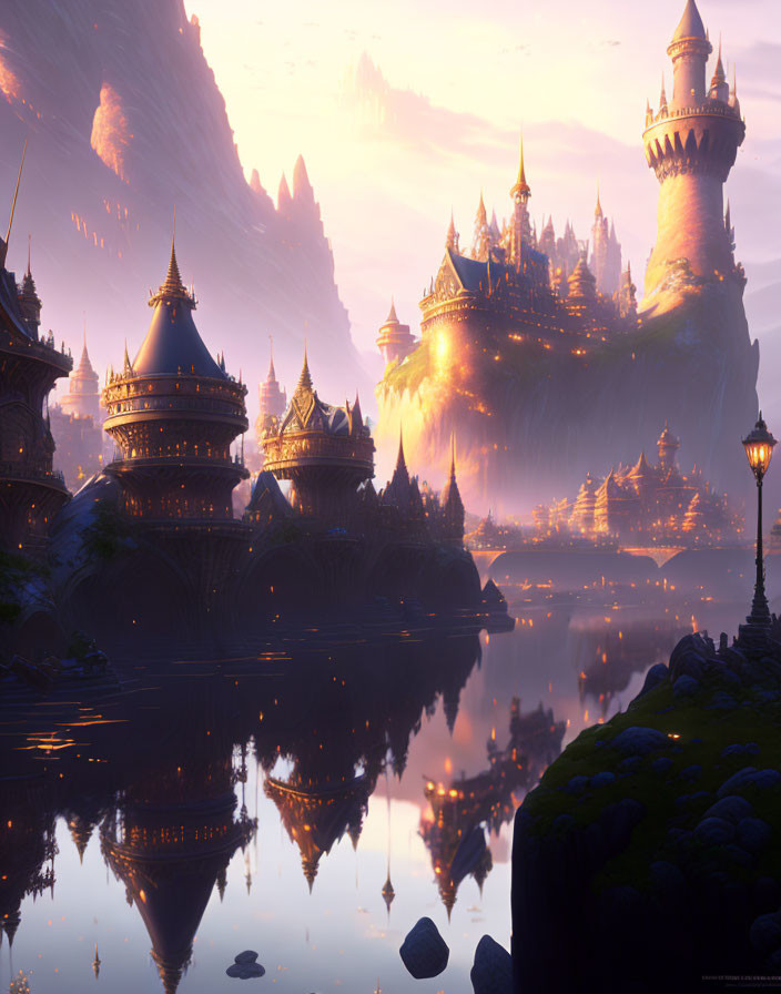 Fantasy Castle with Glowing Spires in Sunset Reflection