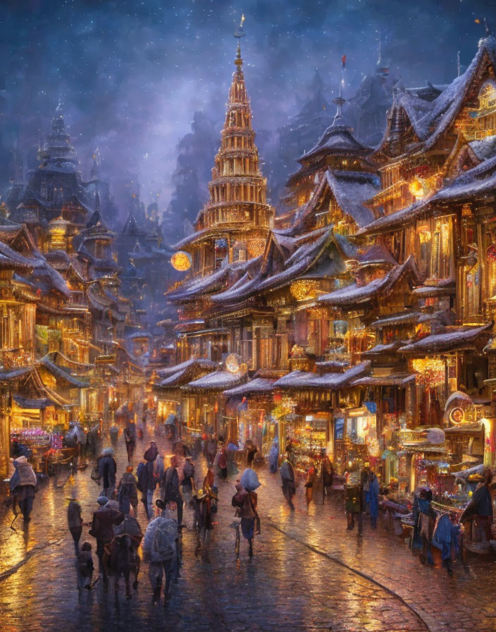 Snow-covered night street scene in a traditional town with illuminated buildings