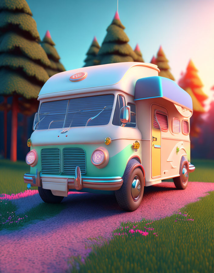 Vintage-style Turquoise and Cream Camper Van at Twilight with Stylized Pine Trees