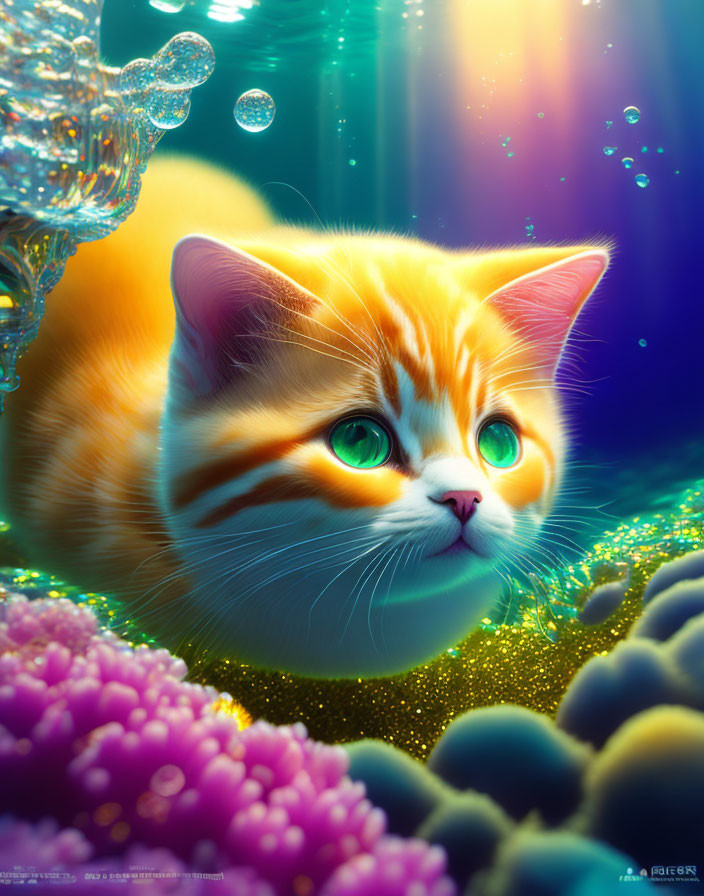 Vibrant underwater digital illustration of an orange-and-white cat among coral and bubbles