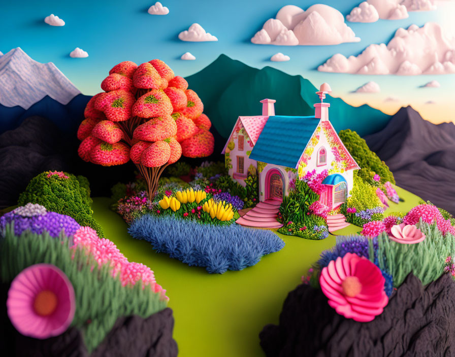 Colorful Cottage Surrounded by Fantasy Landscape