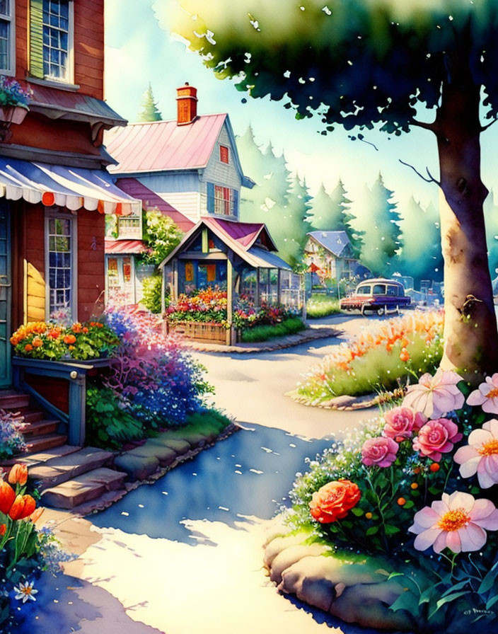 Vibrant village scene with colorful flowers, stream, houses, car, and greenery