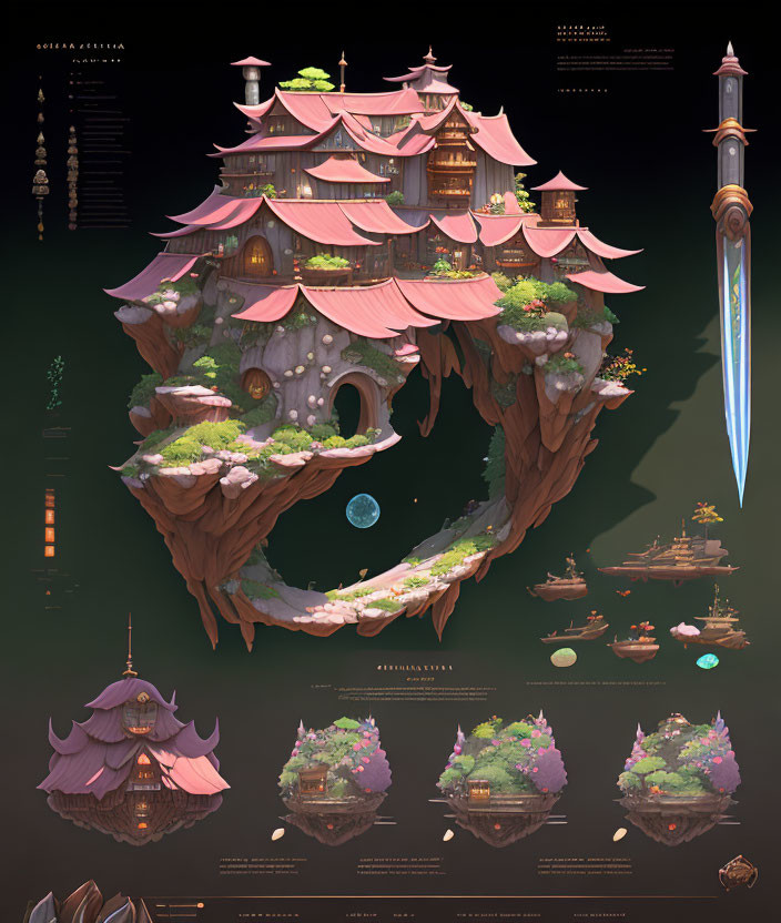 Detailed Fantasy Floating Island with Pagoda-style Structure and Airships