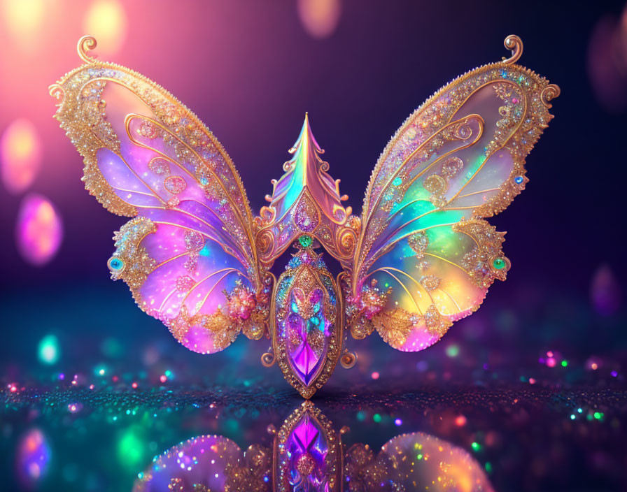 Colorful Butterfly Artwork with Jewel-Encrusted Wings in Purple and Gold