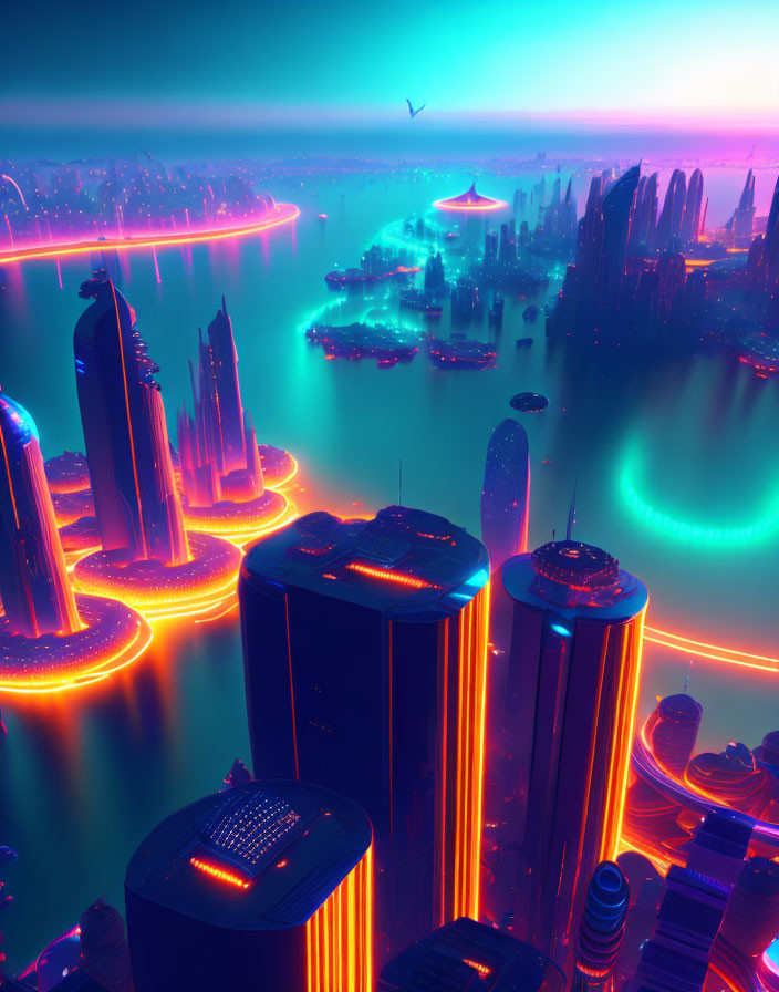 Futuristic twilight cityscape with neon lights, skyscrapers, and hazy sky