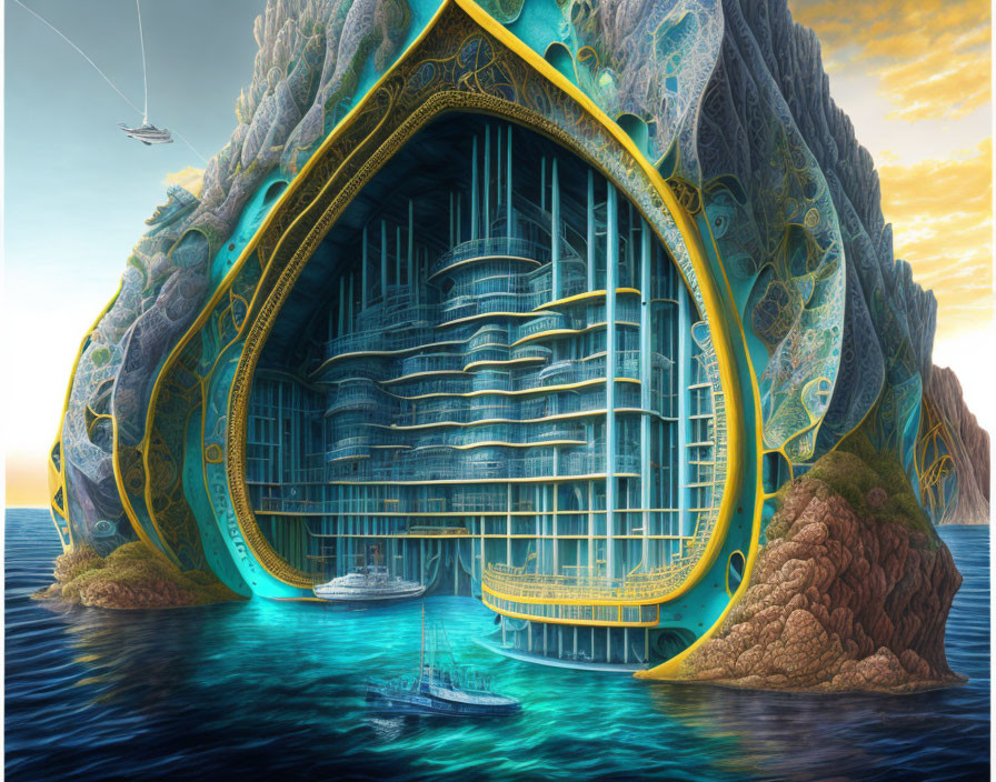 Futuristic sea cliff structure with ornate blue and gold designs, boats, and plane