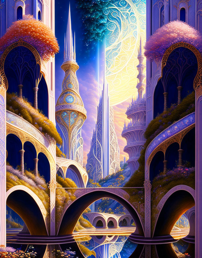 Fantasy artwork of magical city with ornate towers and starry sky