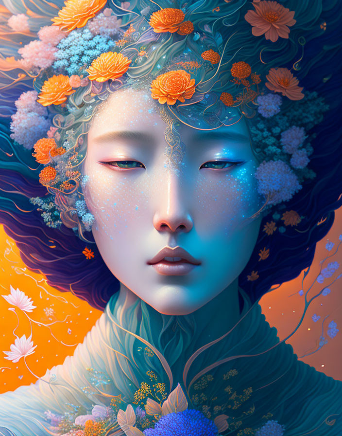 Blue-skinned person adorned with flowers and star-like freckles in serene digital art