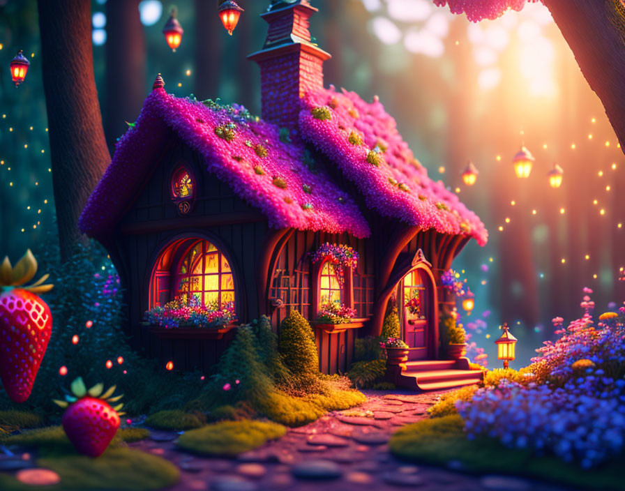 Enchanting cottage with purple flower roof in mystical forest