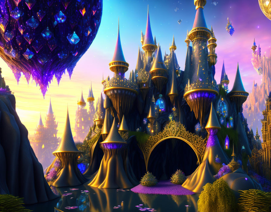 Fantastical glowing castle on floating islands in twilight sky