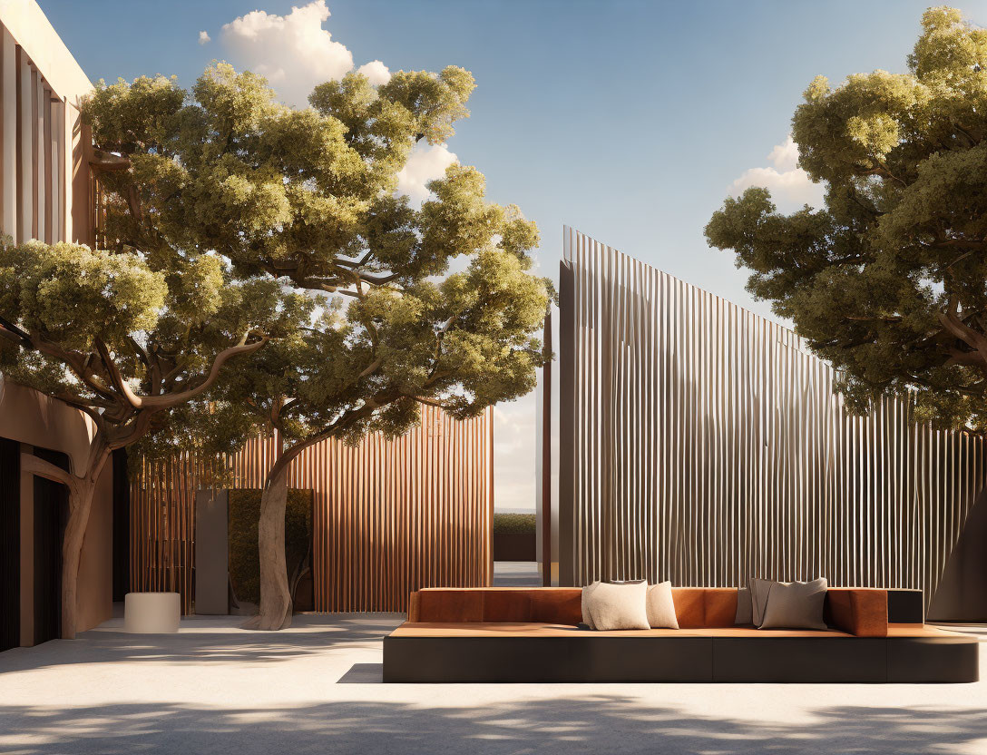 Sleek wooden bench in modern outdoor lounge area surrounded by tall trees