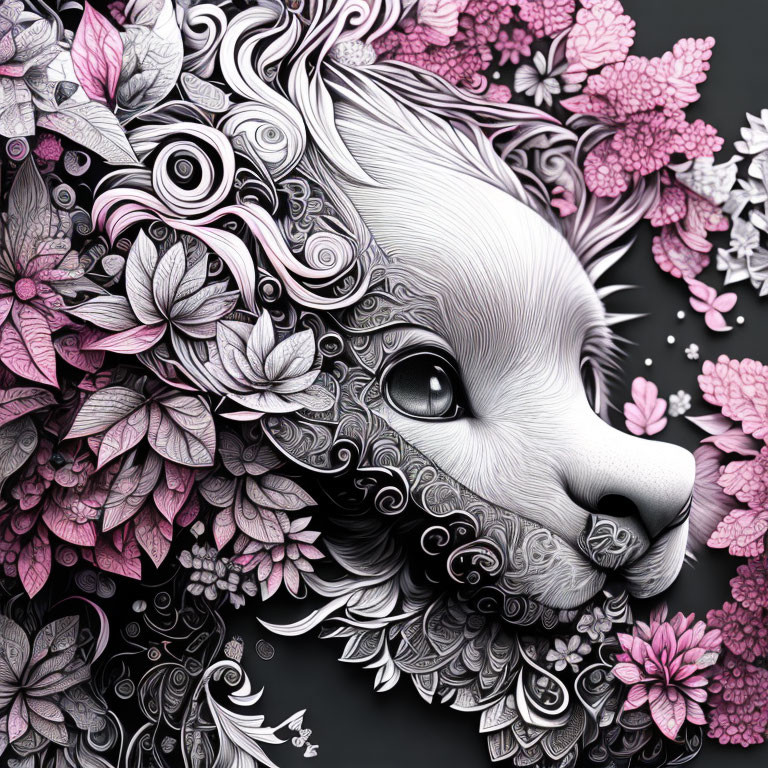 Detailed Monochromatic Dog Face Illustration with Floral Patterns