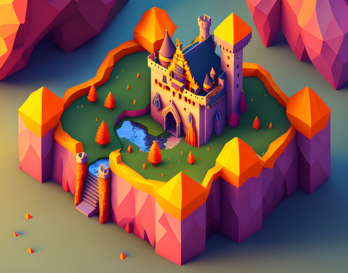 Vibrant low-poly castle surrounded by nature and mountains