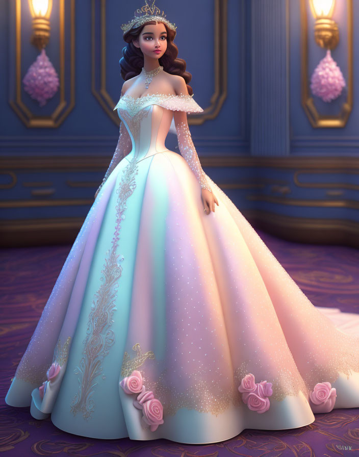 Elegant animated princess in rose-accented gown in luxurious room