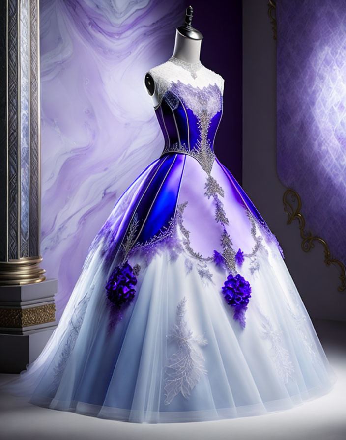 Blue and White Ombre Ball Gown with Purple Lace Detailing on Draped Background