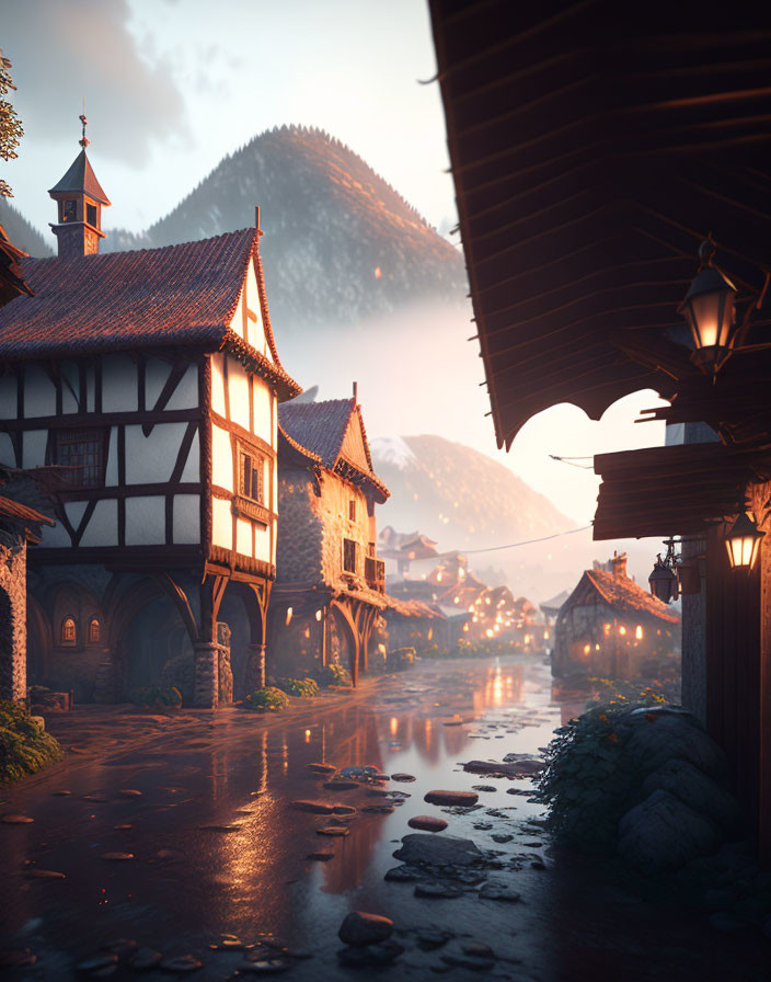 Medieval village at dusk: cobblestone streets, lanterns, misty mountain backdrop