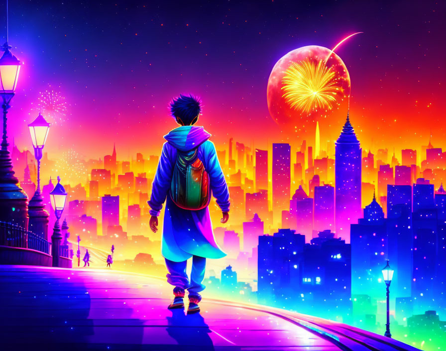 Person walking on vibrant purple street towards futuristic city under neon sky