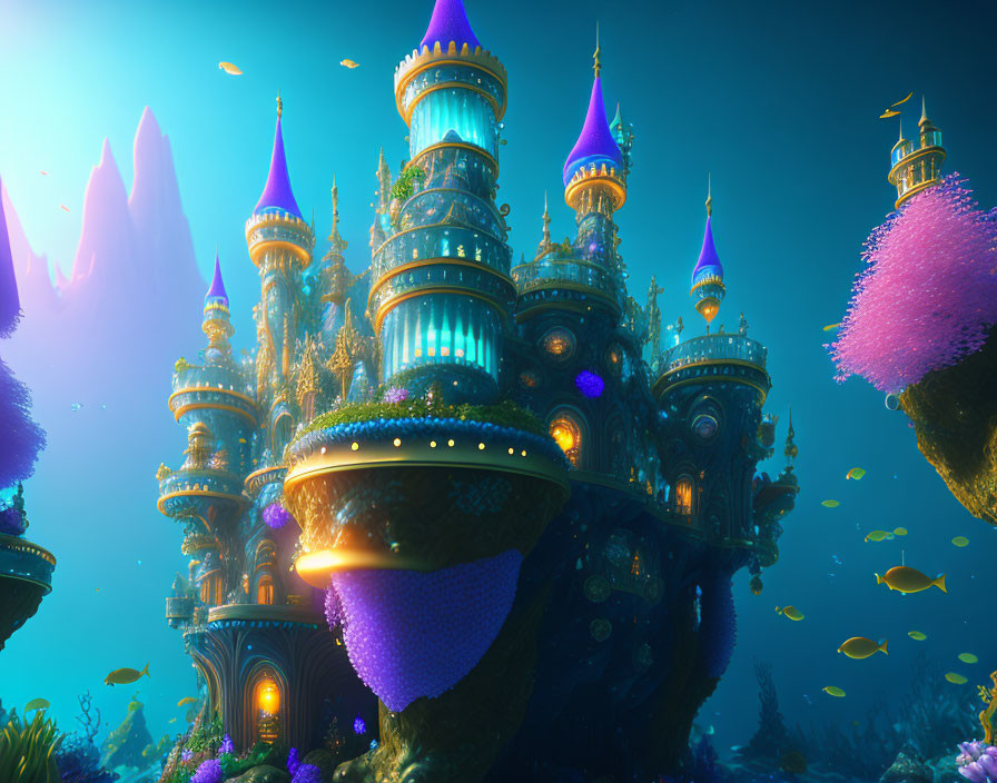 Vibrant underwater fantasy castle with coral and tropical fish