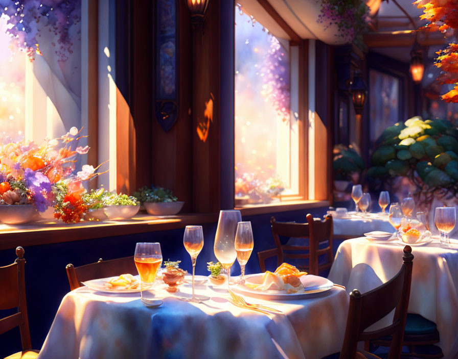 Restaurant Interior with Cozy Sunset Ambiance and Elegant Table Settings