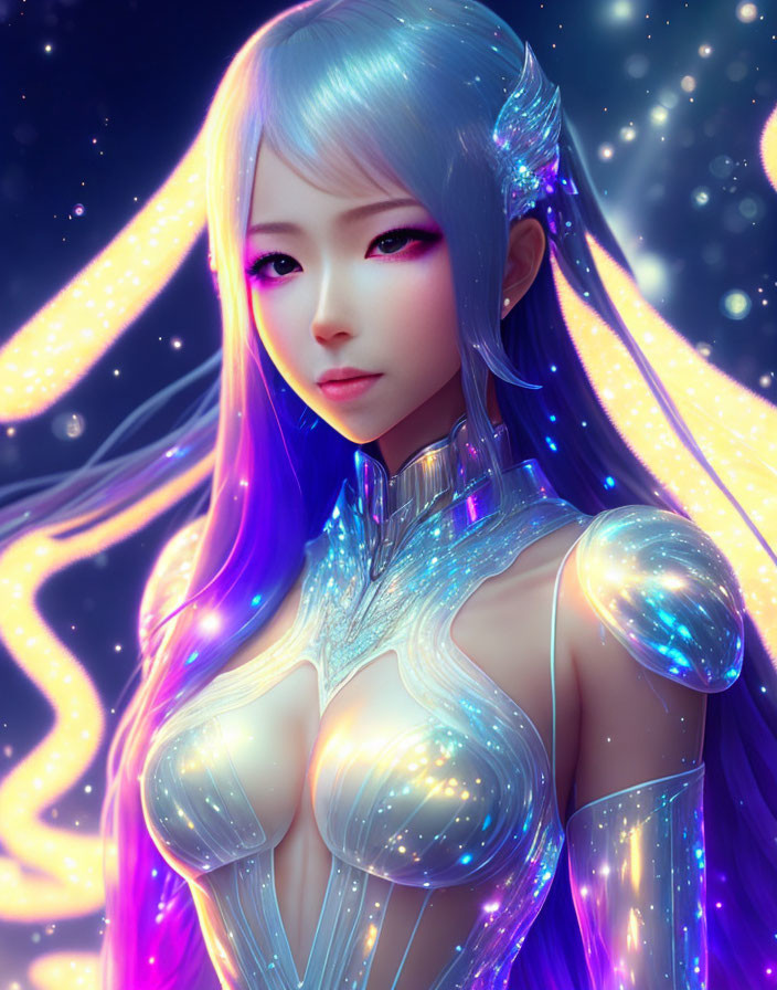 Anime-style Female Character with Blue Hair in Futuristic Armor on Starry Background