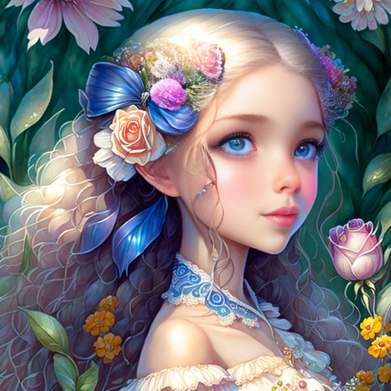 Digital illustration: Young girl with big blue eyes, floral hair decorations, surrounded by vibrant greenery.