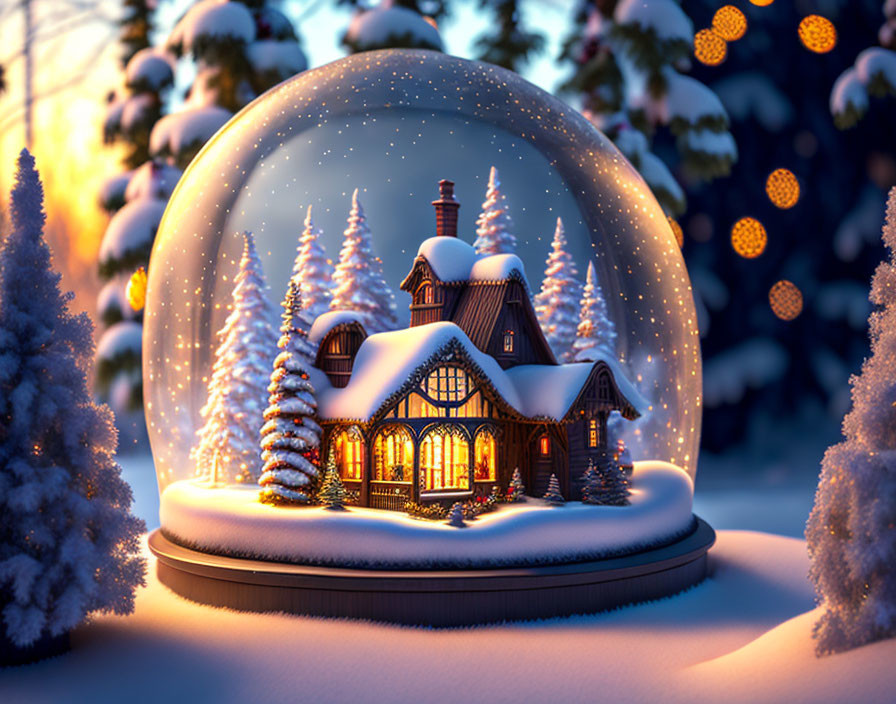 Snow Globe with Cottage, Pine Trees, Twilight, and Bokeh Lights