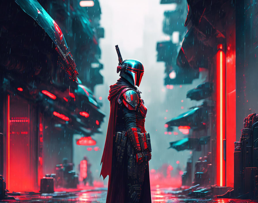 Futuristic armored figure in neon-lit urban alleyway with rain and skyscrapers