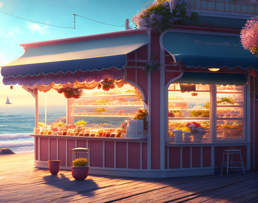 Seaside bakery with striped awning and ocean view at sunset