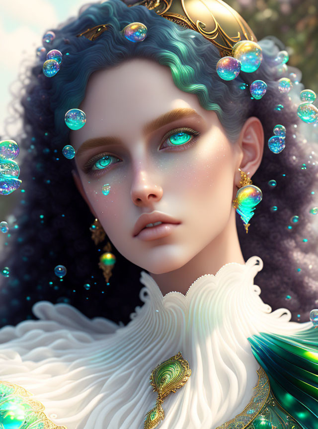 Fantastical digital artwork of female figure with blue hair and jeweled tiara