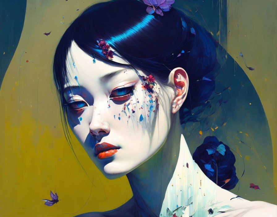 Stylized painting of Asian woman with blue flowers and paint splatters