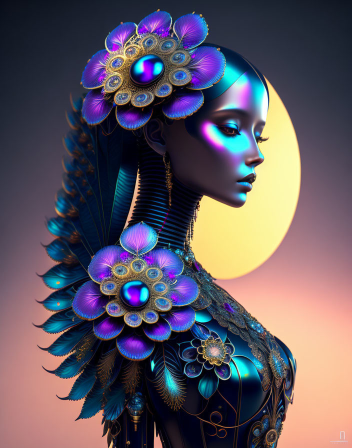 Blue-skinned woman in peacock attire under full moon.