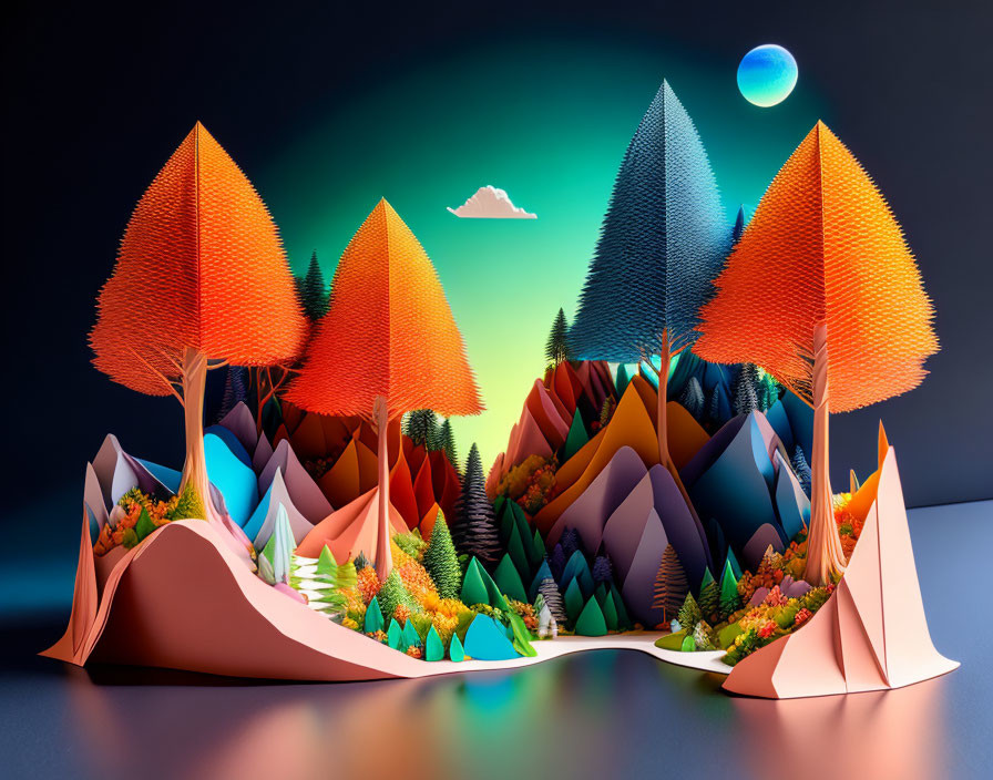 Colorful 3D landscape with spiky trees and dreamy sky