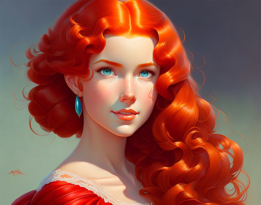 Digital illustration of woman with curly red hair, blue eyes, freckles, red garment, te