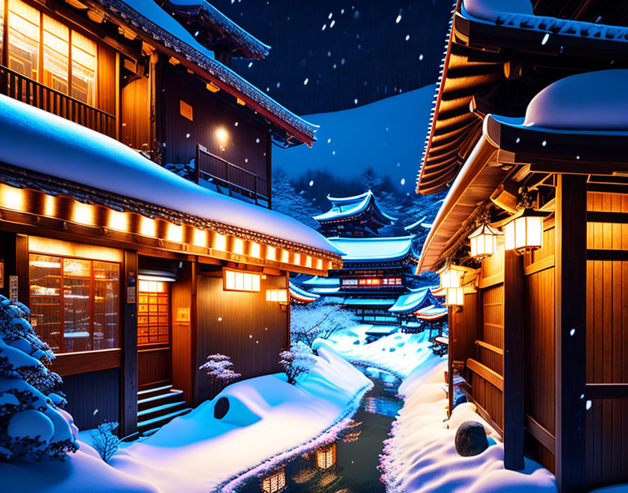 Snow-covered roofs in a Japanese village at night with warm lights and snowfall