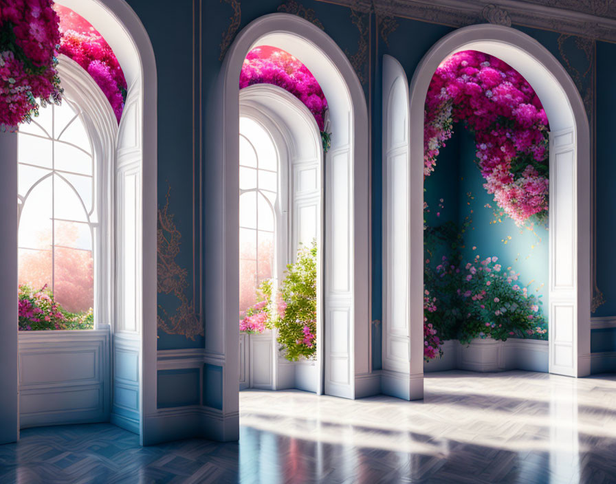 Classical room with tall arched windows and pink blooms in serene space