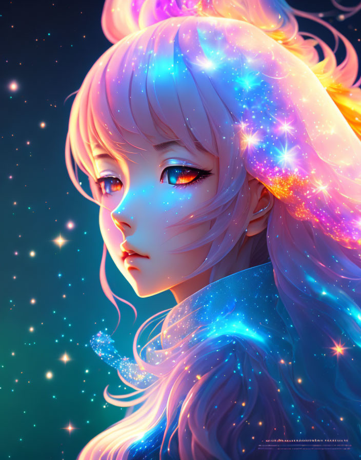 Starry-haired anime-style girl with glowing eyes on celestial backdrop