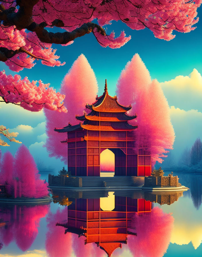 Digital Art: Traditional Asian Pagoda in Pink Tree Landscape