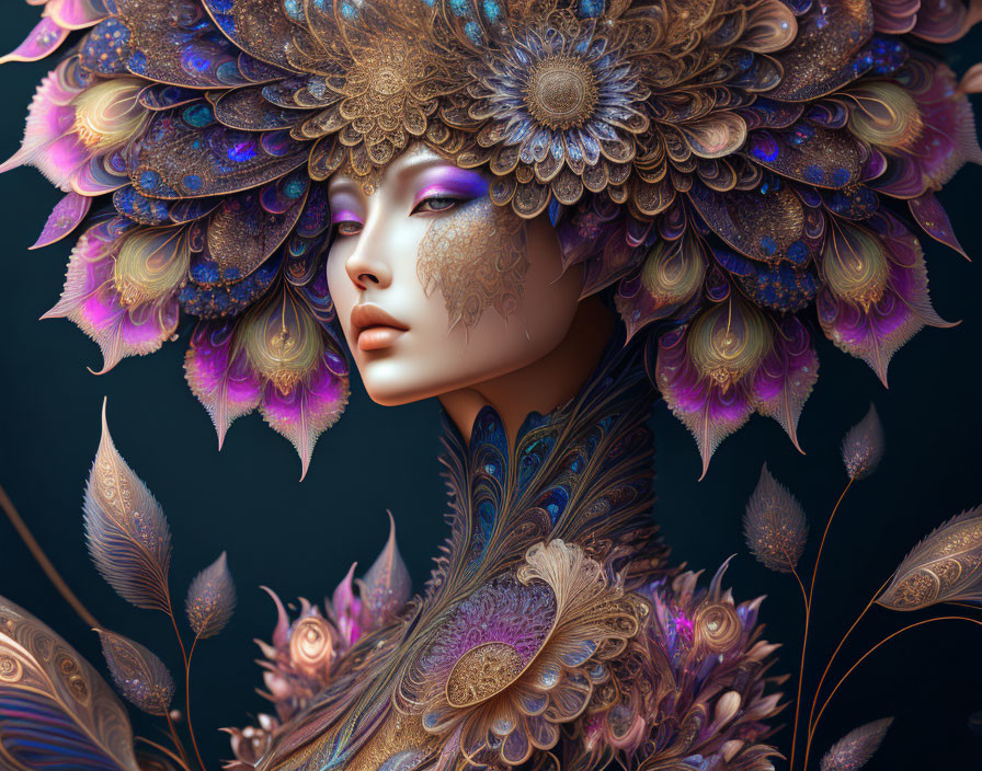 Colorful digital artwork: Female figure with gold and feather headdress